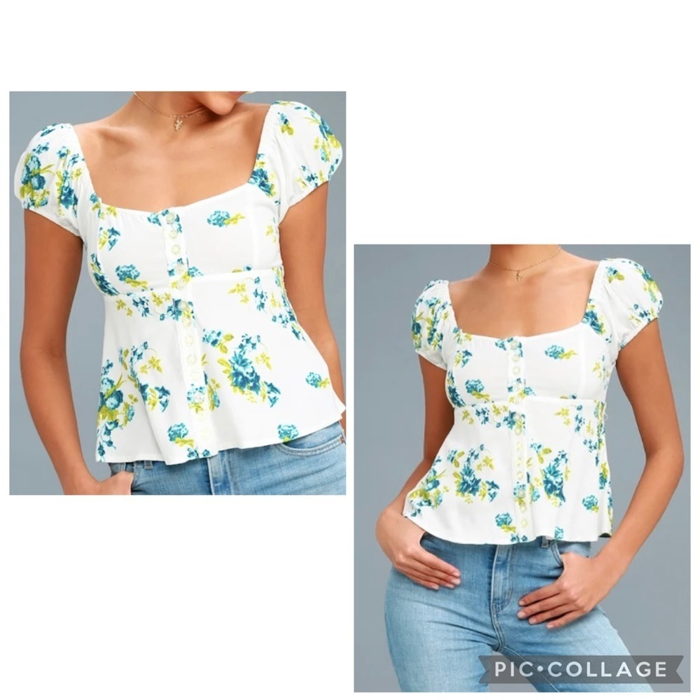 FREE PEOPLE Women’s Ivory Blue Green Floral CLOSE TO YOU Blouse Top Short Sz XS
